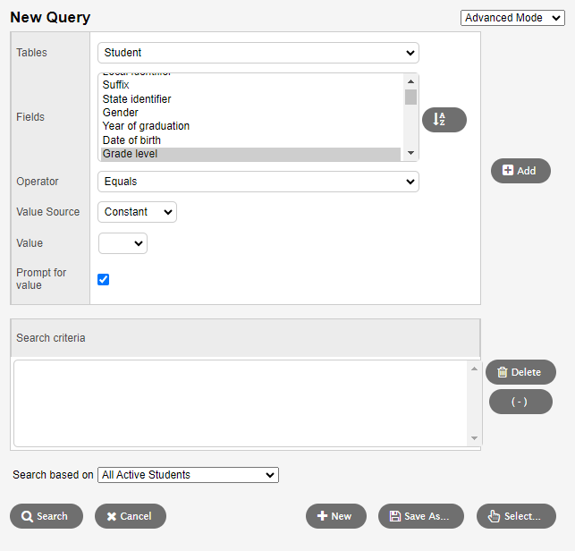 Advanced mode query example.