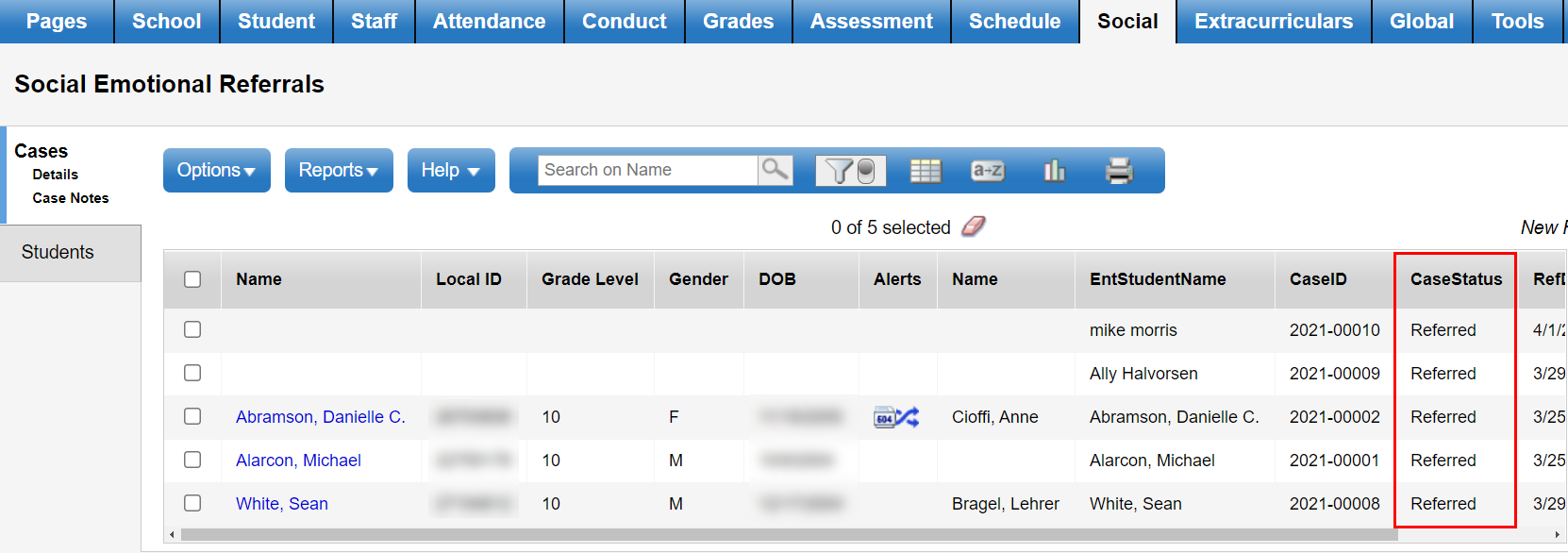 Social Emotional Referrals page displaying Referred cases