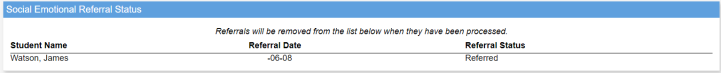 Social Emotional Referral Status widget displaying a student name.