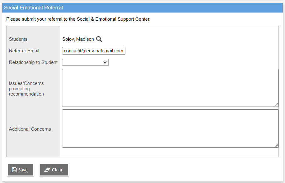 Social Emotional Referral widget expanded to show more fields.