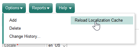 Options menu, Reload Localization Cache option.