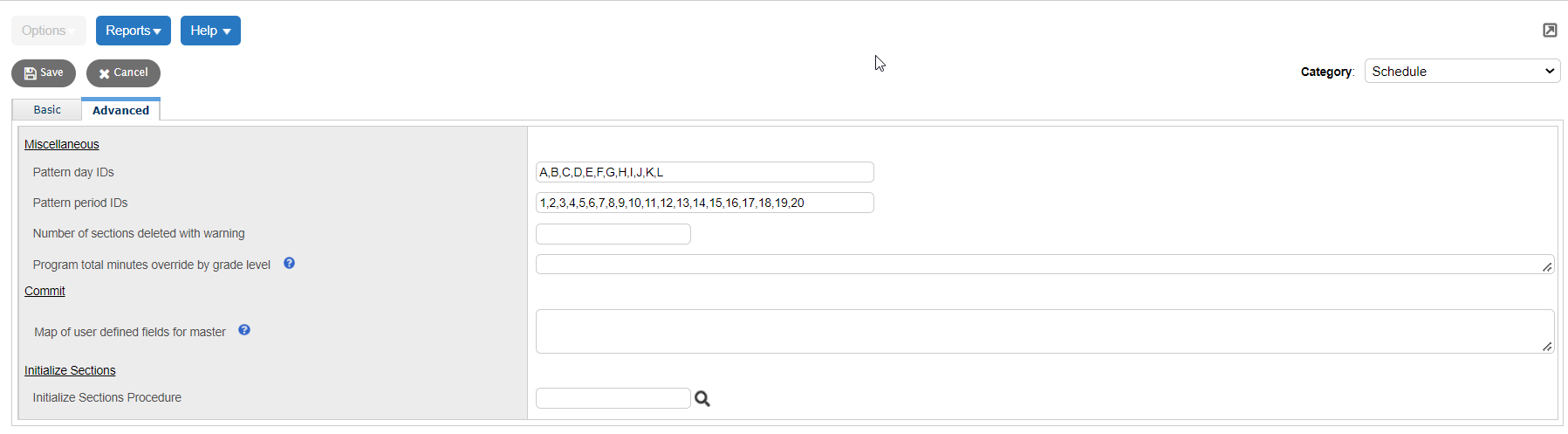 School Schedule preferences page, showing Advanced sub-tab.